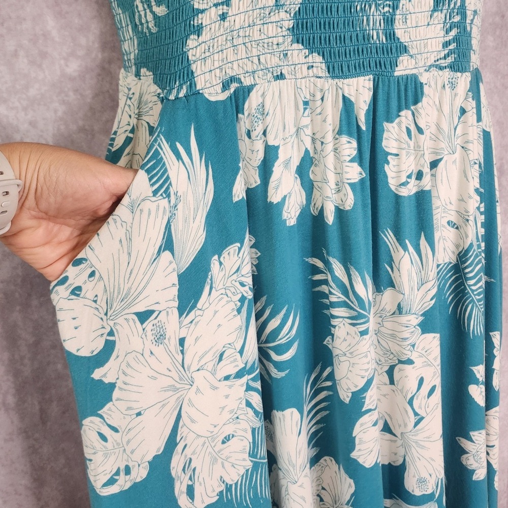 Torrid Dress Women 2 Teal White Tropical Dress Floral Smocked Off Shoulder Soft - Picture 7 of 9